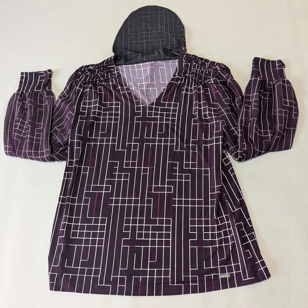 NWT Calvin Klein Blouse S Plum Purple Geometric Grid Sheer Balloon Sleeve Top